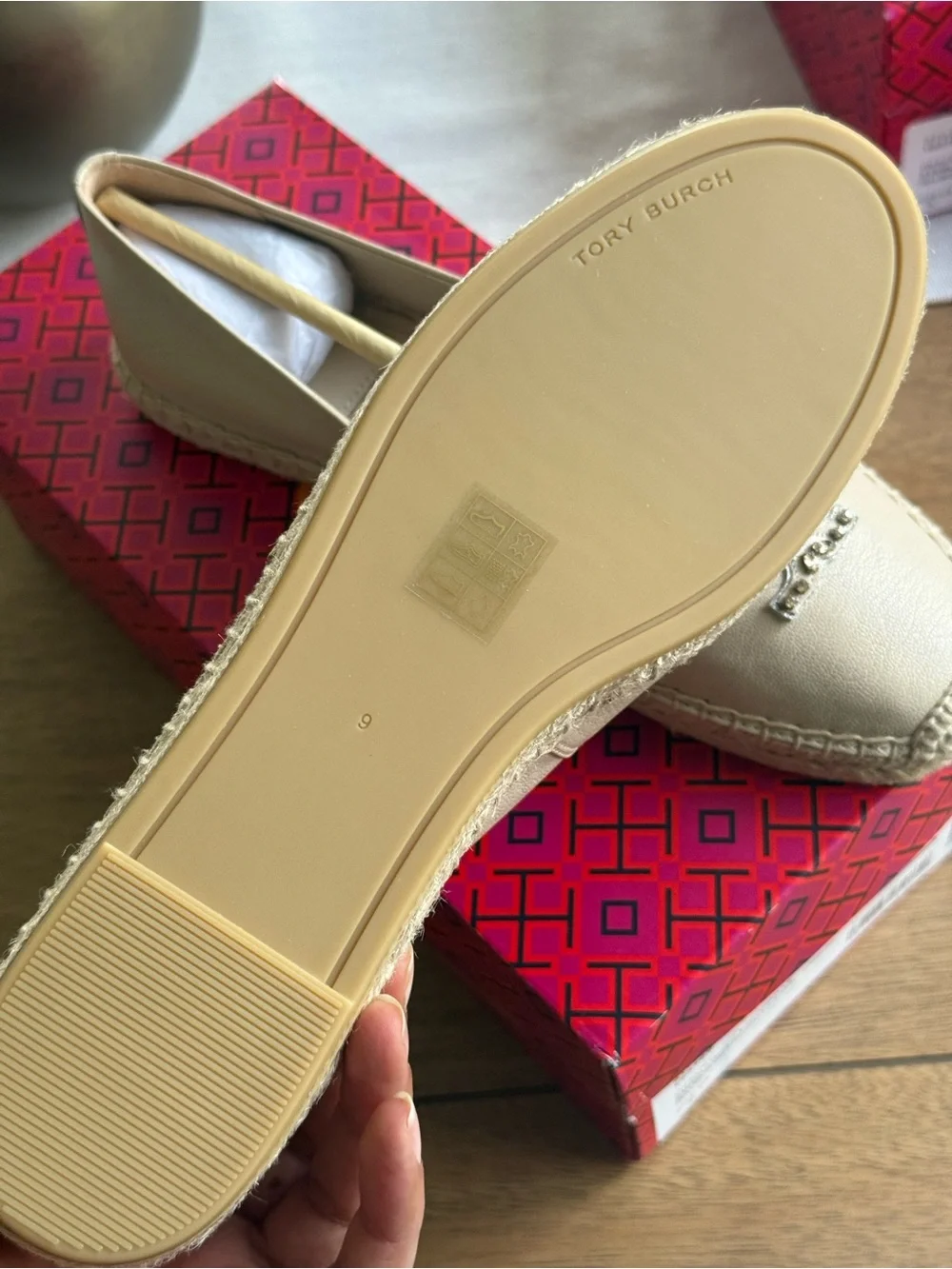 Tory Burch Beige Leather Espadrille Flats with Crystal Logo
